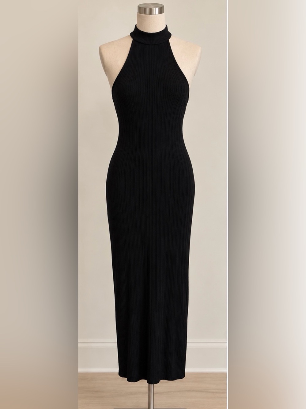 Fashionnova Sleeveless Ribbed Halter Maxi Dress - Black